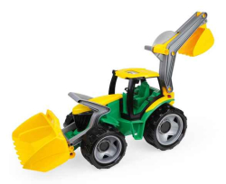 Traktor se lžící a bagrem, zeleno žlutý Lena 2080 v okrasném kartonu