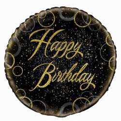 Balónek fóliový Kulatý Happy Birthday černozlatý 45cm