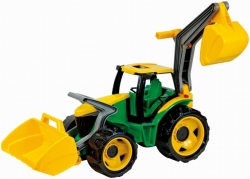 Traktor se lžící a bagrem, zeleno žlutý Lena 2080 v okrasném kartonu